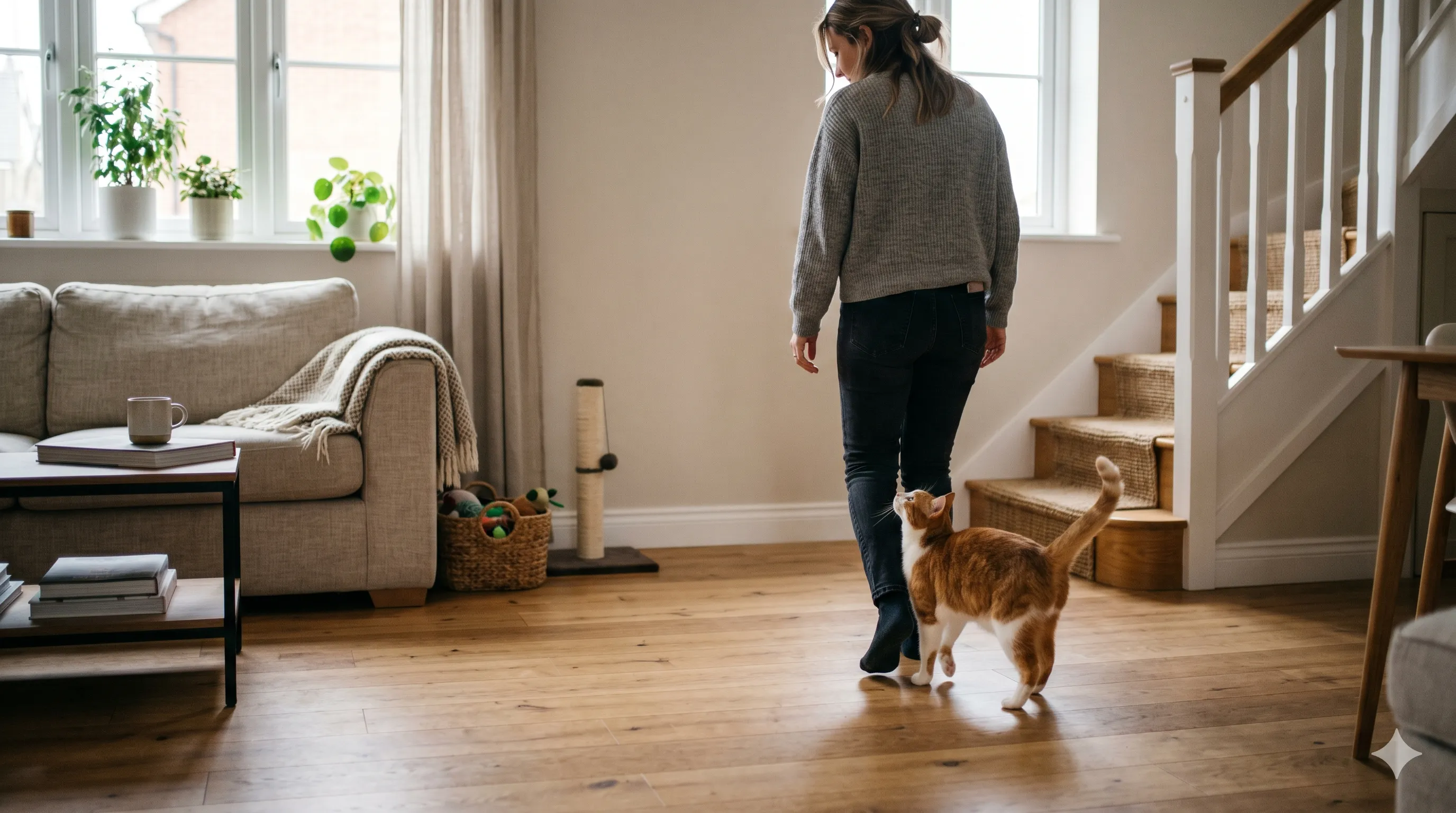 Cat following its owner around the house showing attachment and bonding behavior