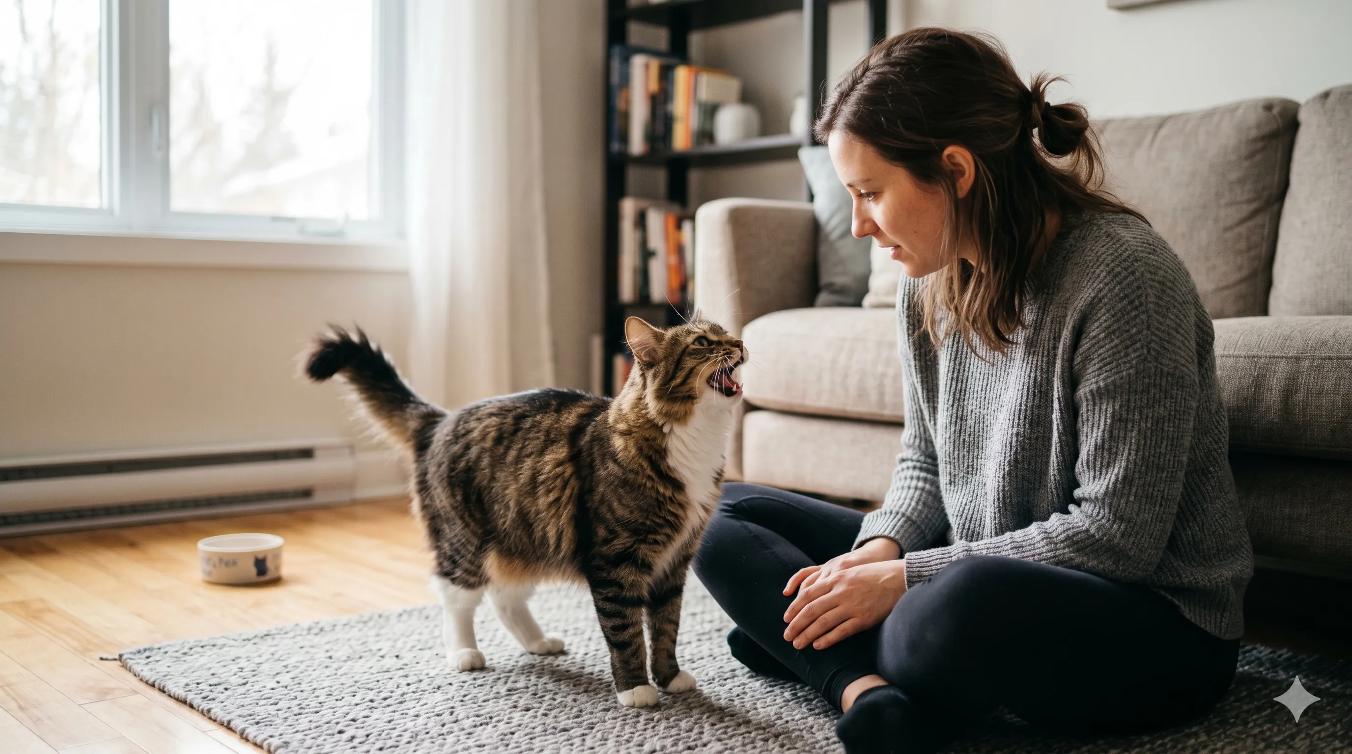 Cat meowing frequently at owner showing communication and attention-seeking behavior