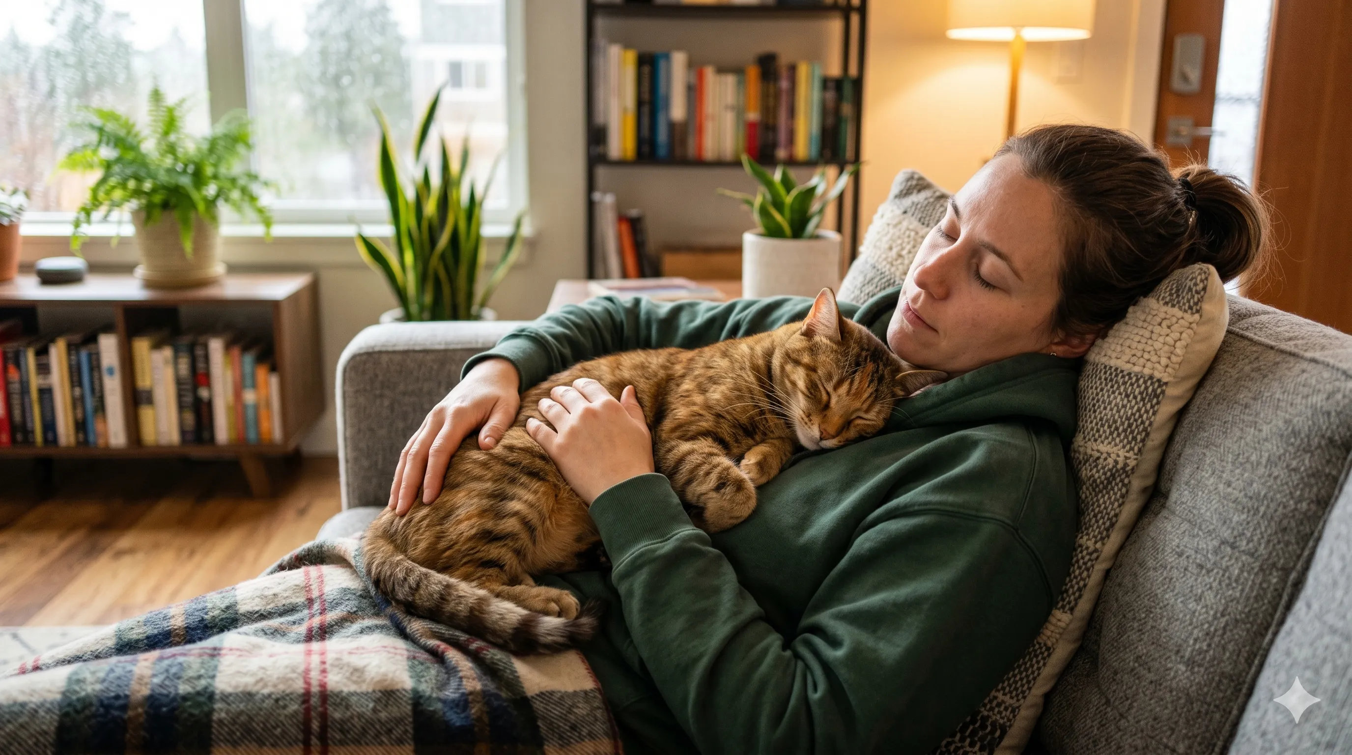 Cat sleeping on owner showing affection, warmth, and bonding behavior