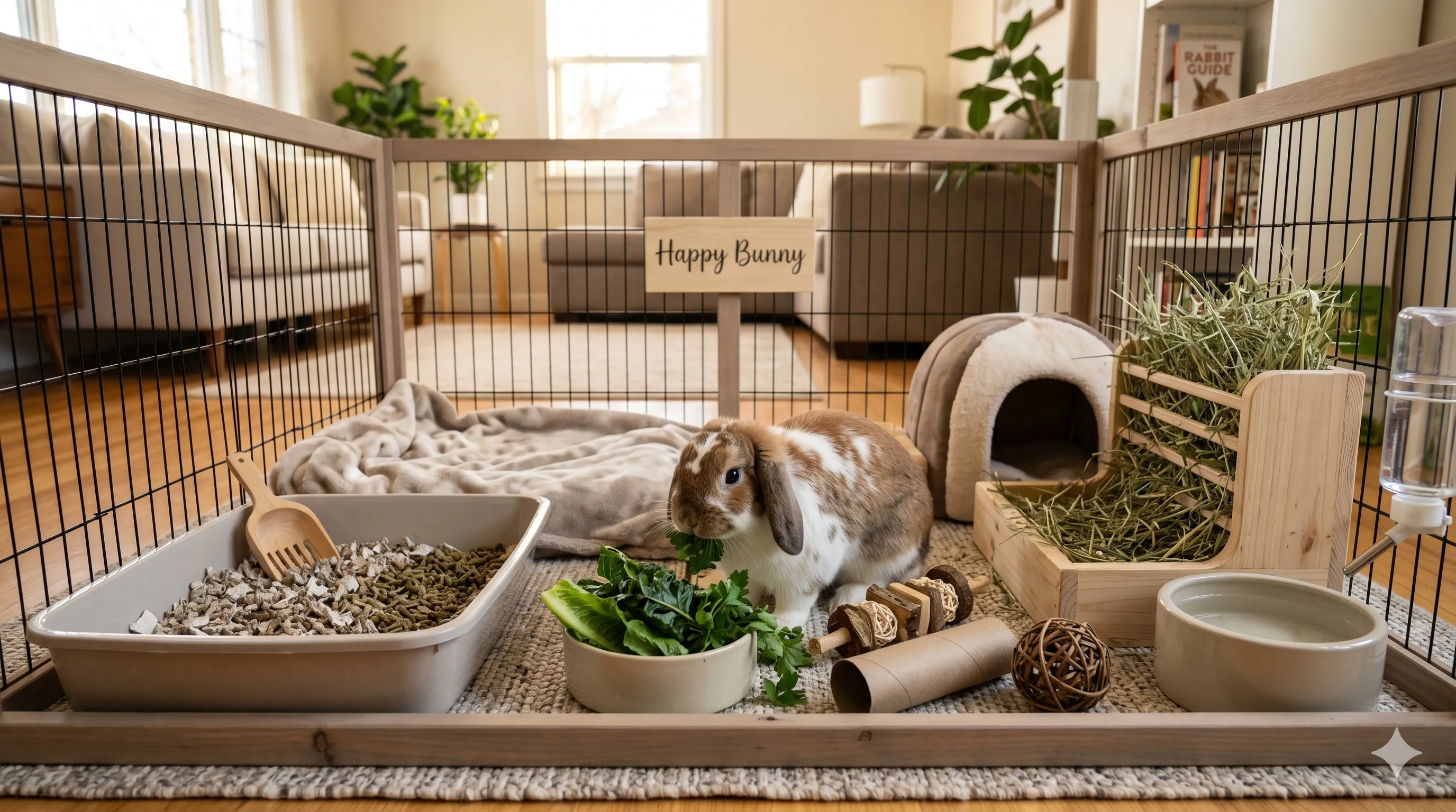 Happy pet rabbit in healthy indoor care setup with food toys hay and cozy resting area