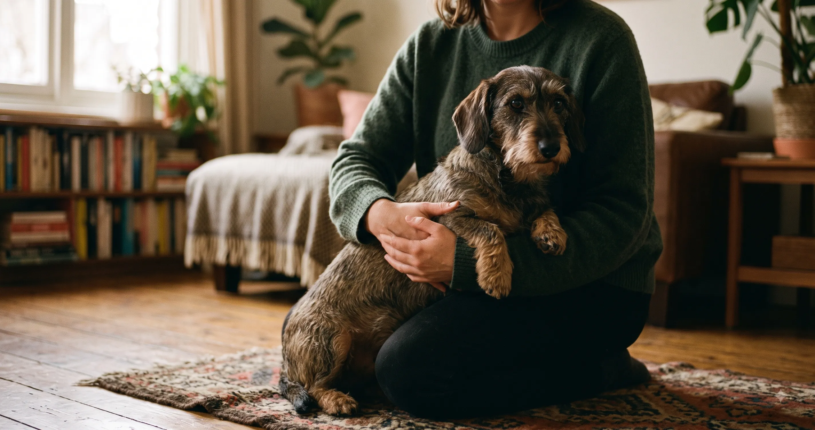 Owner performing the Heimlich maneuver on a small dog during a choking emergency