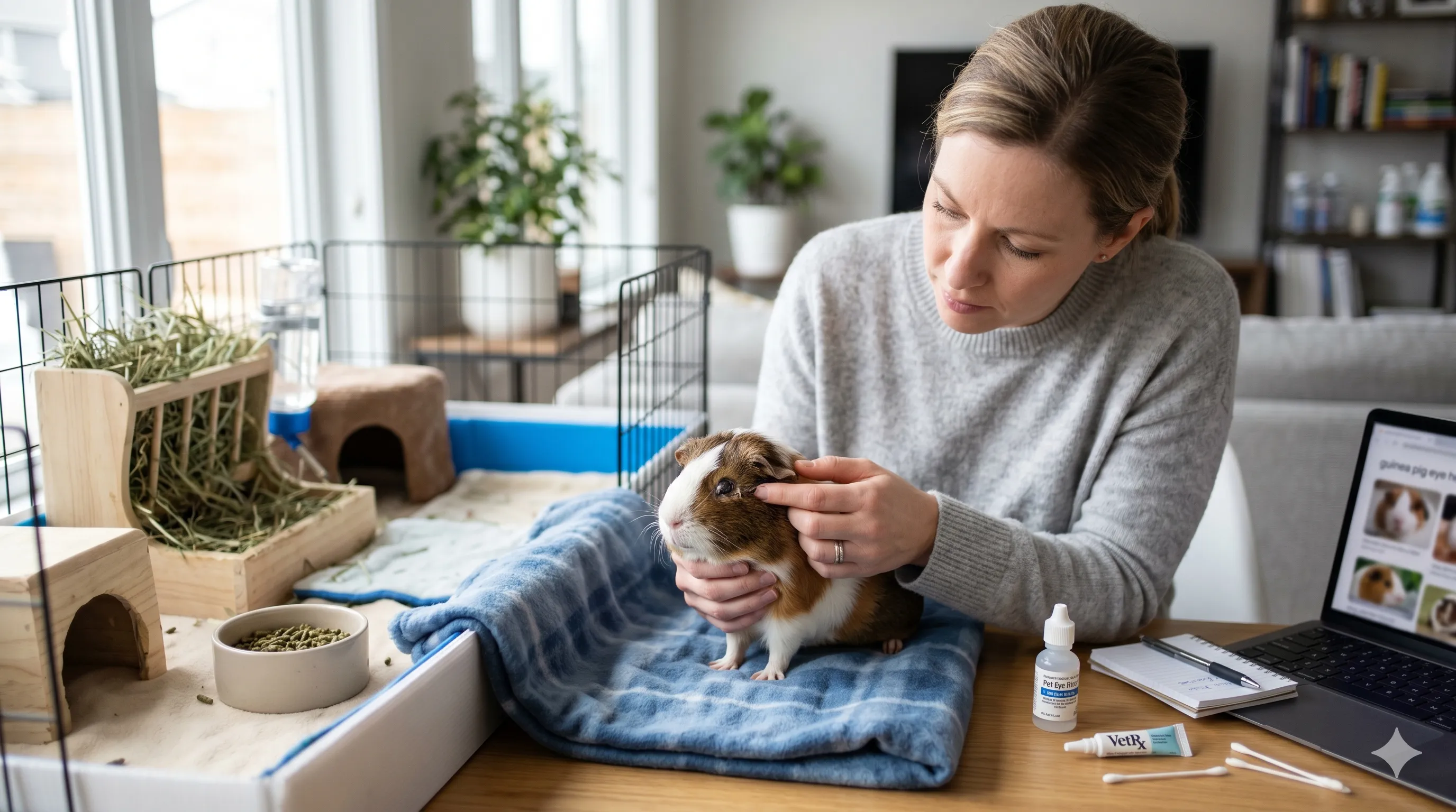 Guinea pig with mild crusty eye symptoms receiving attentive health care indoors