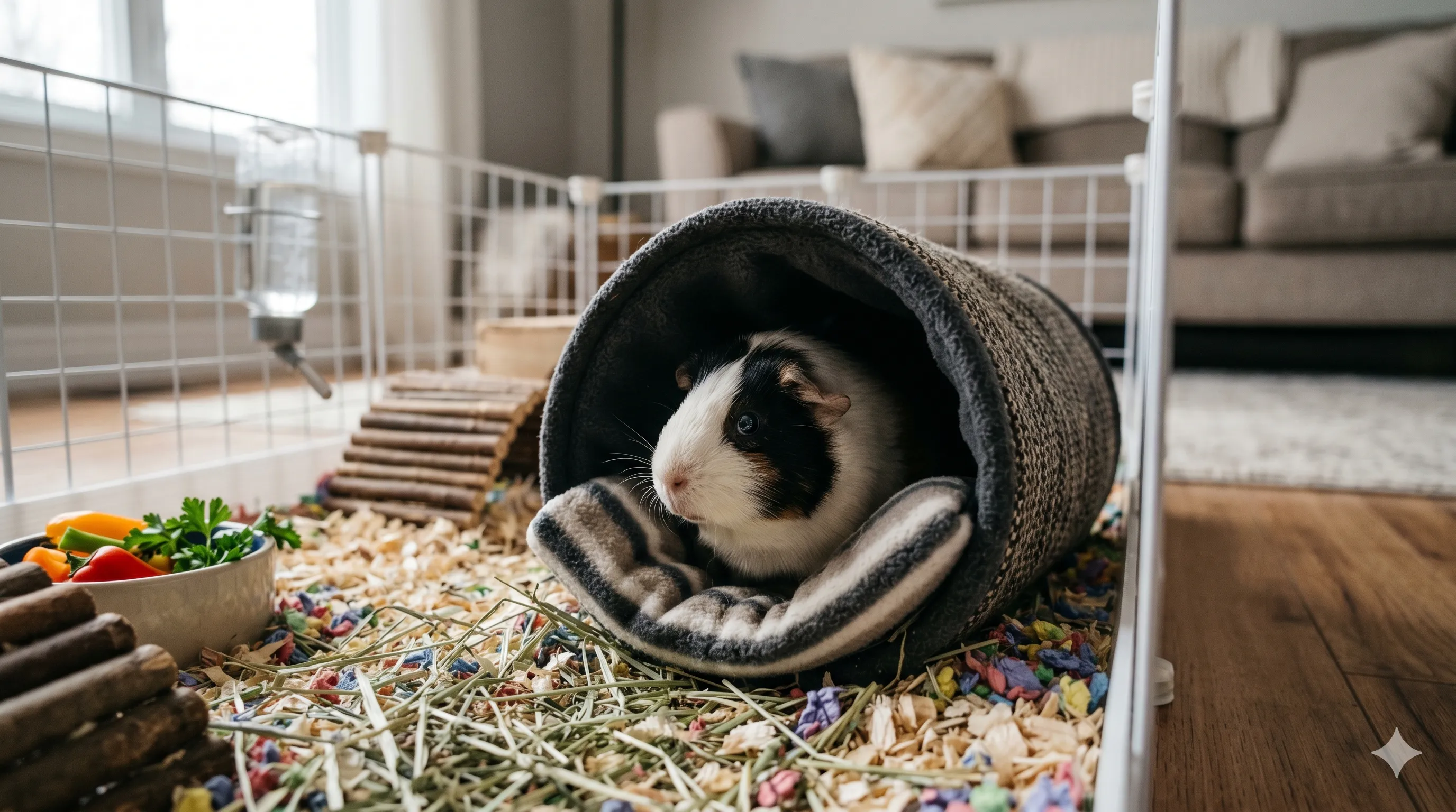 Guinea pig hiding inside cozy shelter indoors showing fear stress or cautious behavior