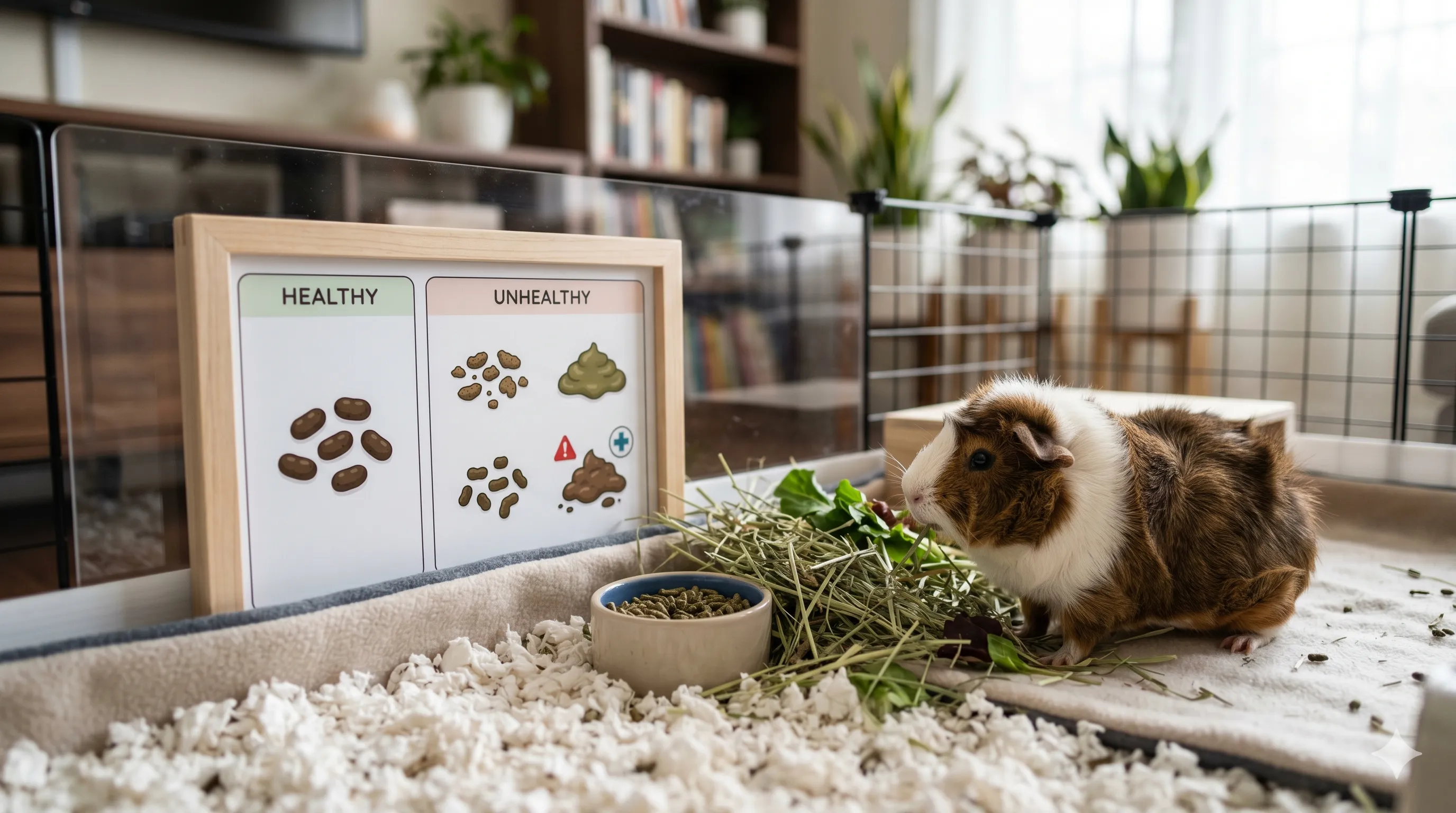 Guinea pig near clean habitat showing healthy and unhealthy poop differences for health monitoring