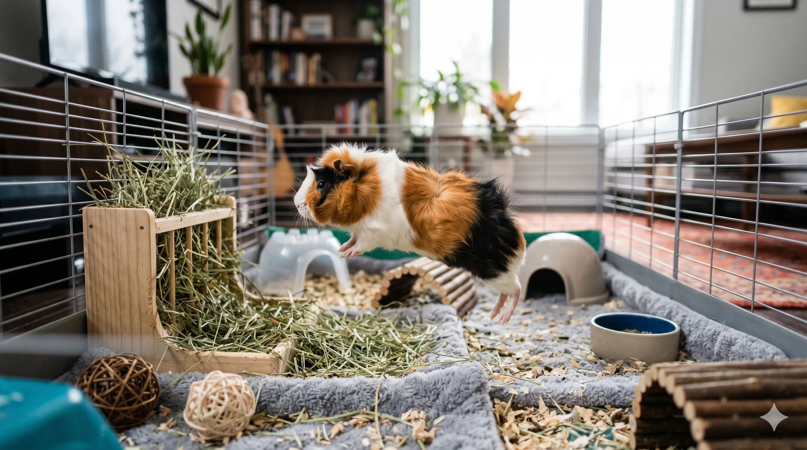 Guinea pig jumping excitedly indoors showing happy popcorning behavior and joy
