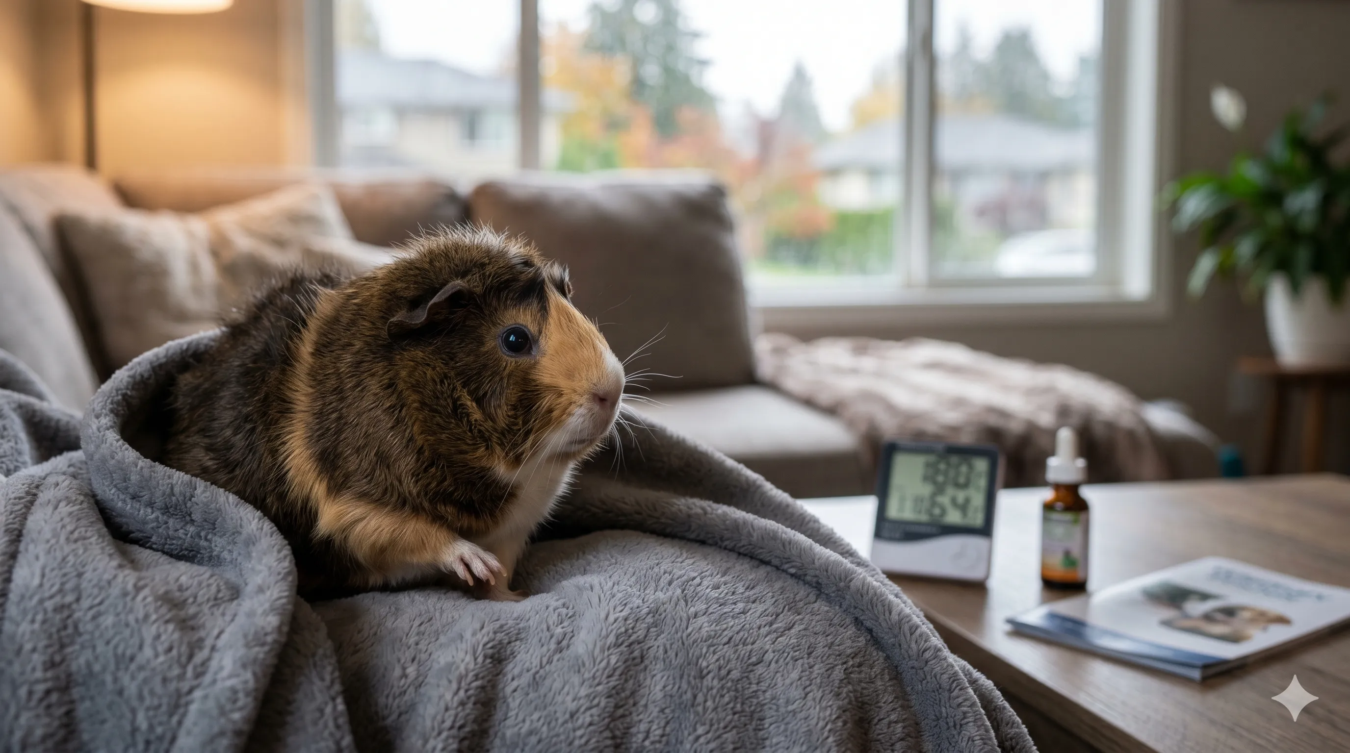 Guinea pig shaking indoors showing fear cold stress or possible illness symptoms