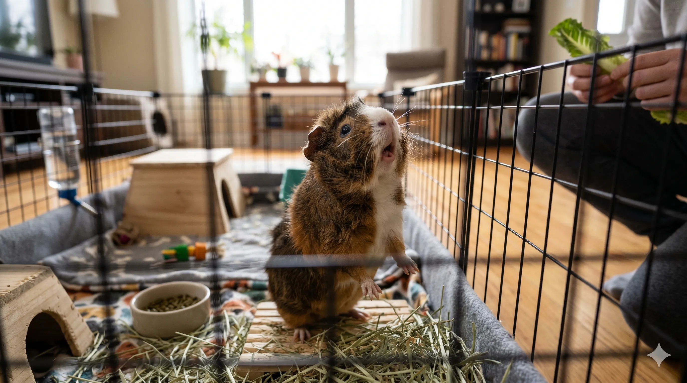 Guinea pig squeaking indoors while seeking attention and communicating with owner