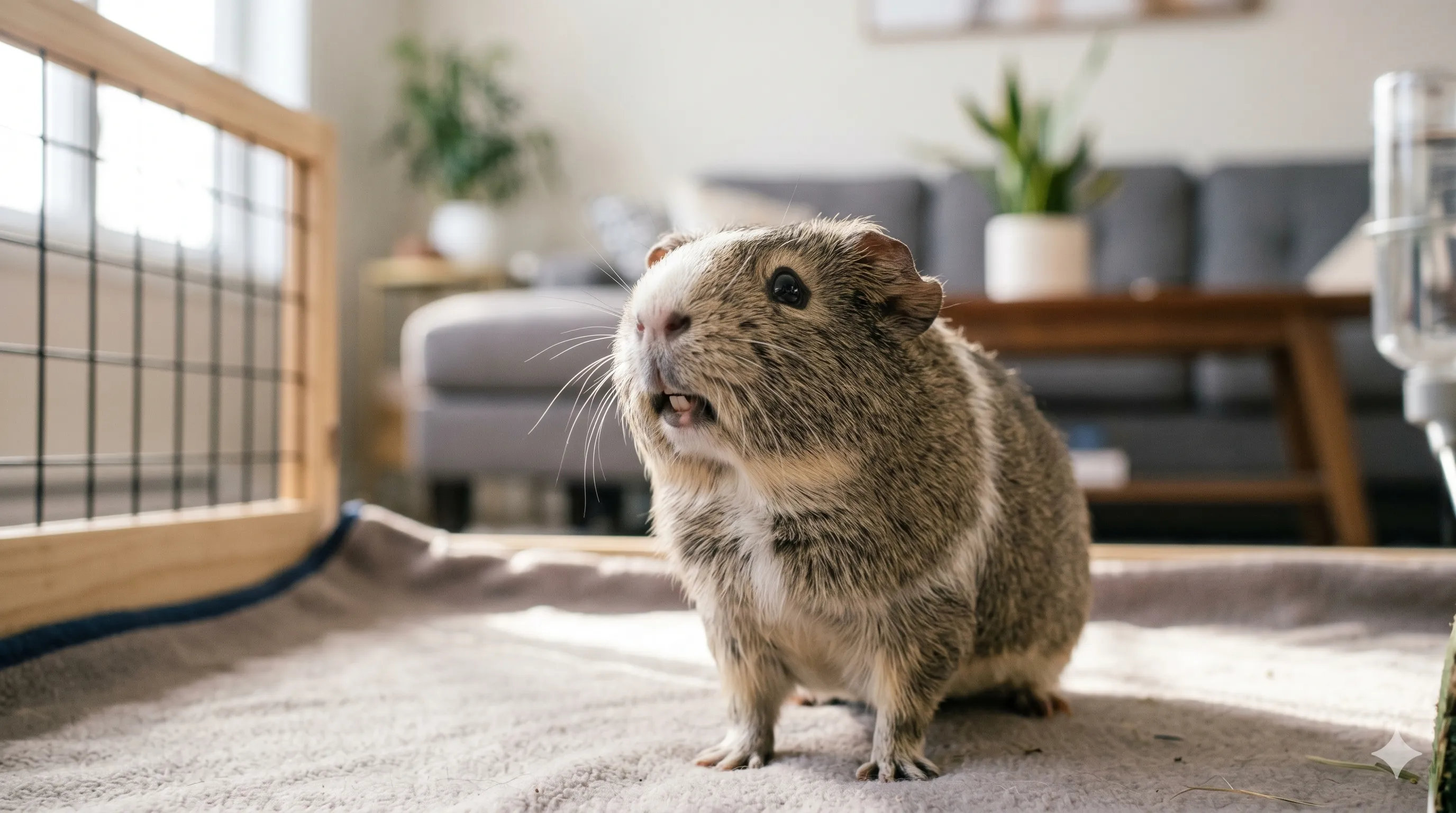 Guinea pig chattering teeth indoors showing warning behavior stress or irritation signs