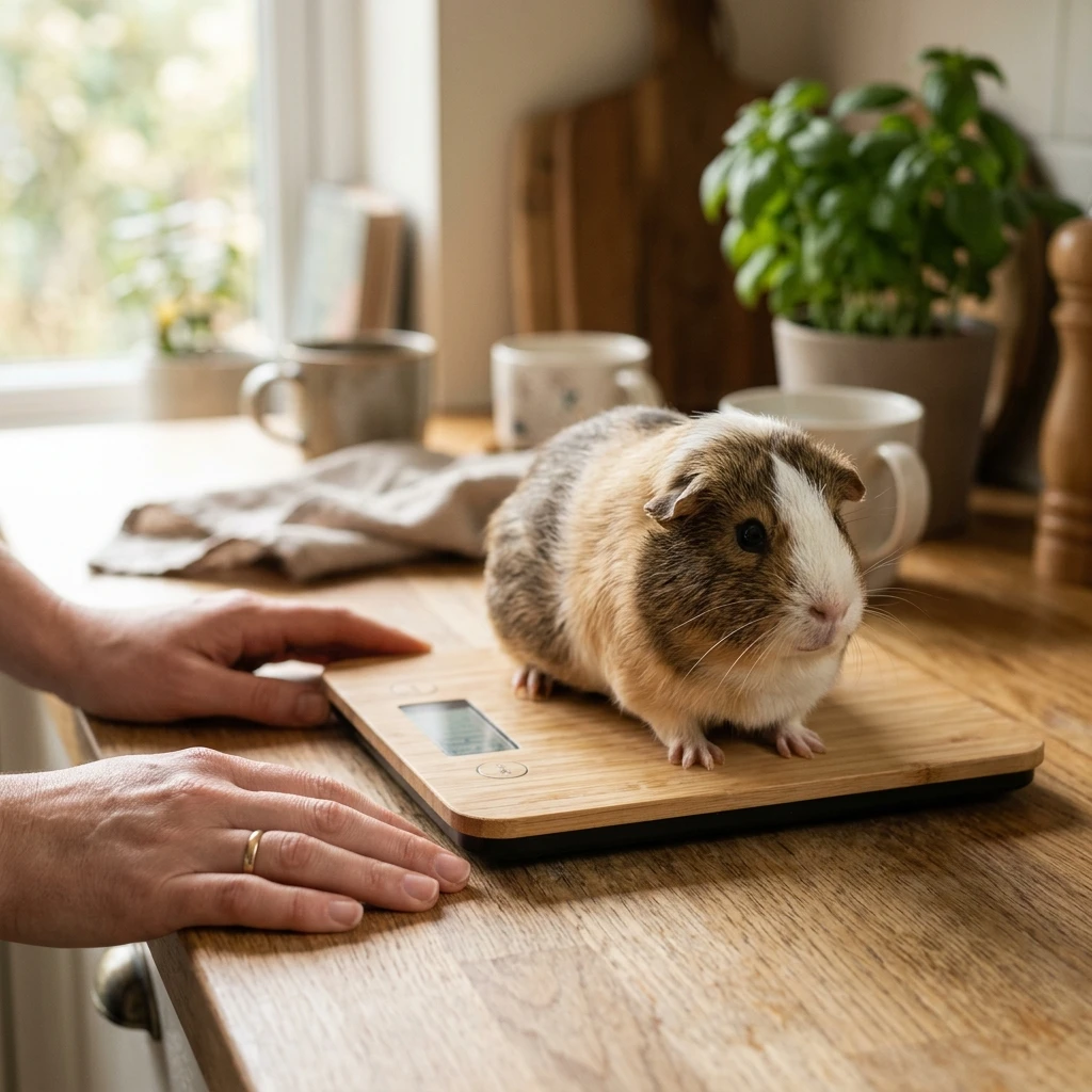 Guinea pig being weighed on a digital kitchen scale to track healthy weight