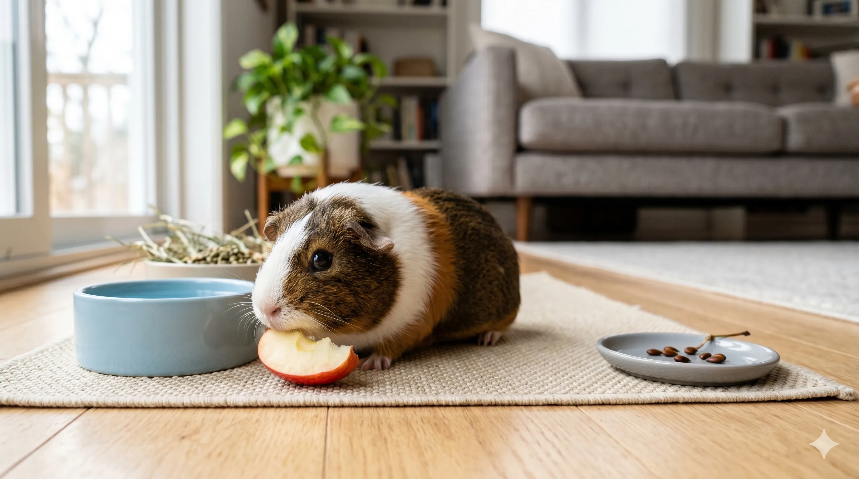 Guinea pig eating small apple slices indoors showing safe fruit feeding and healthy portion control