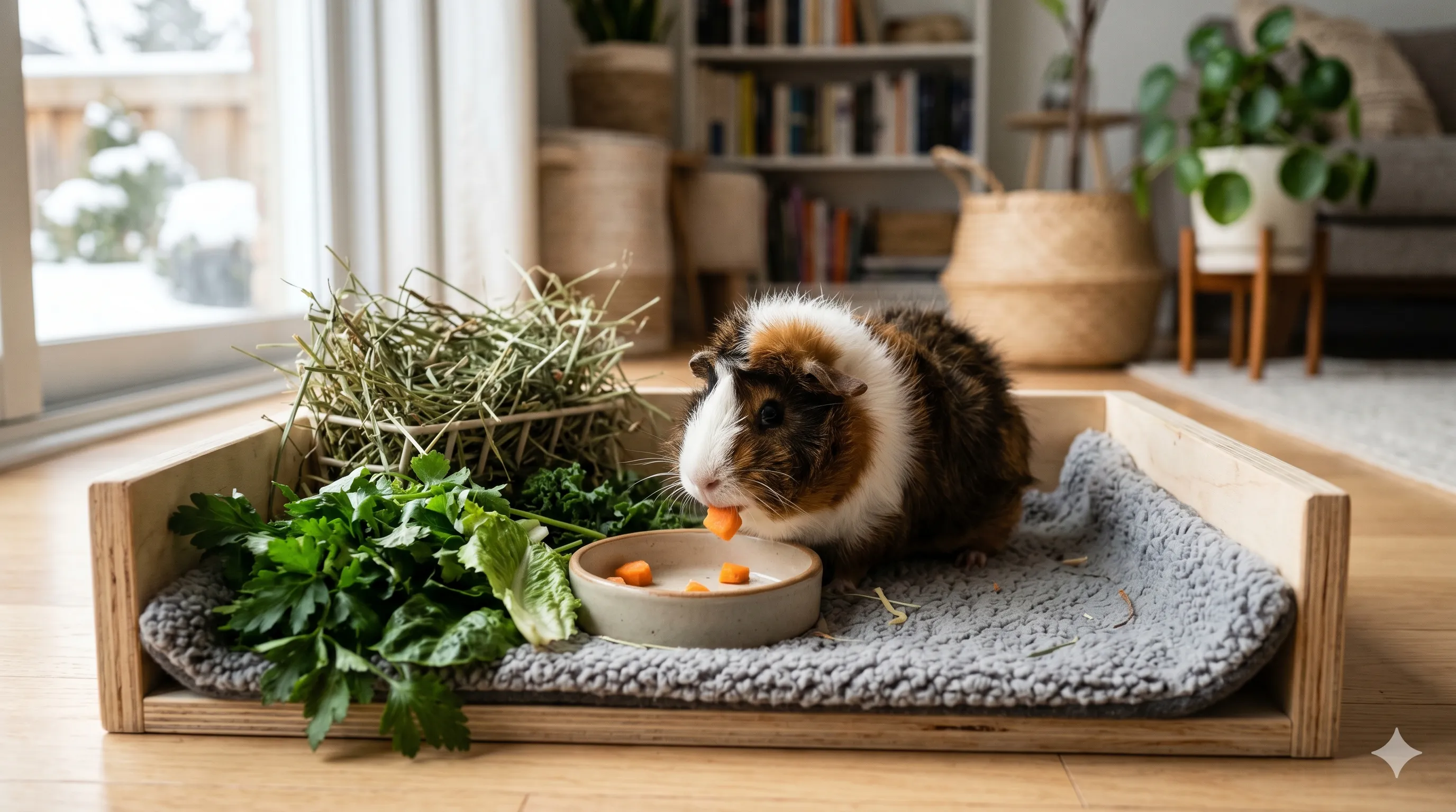 Guinea pig eating small carrot pieces indoors showing healthy treat portions and balanced diet