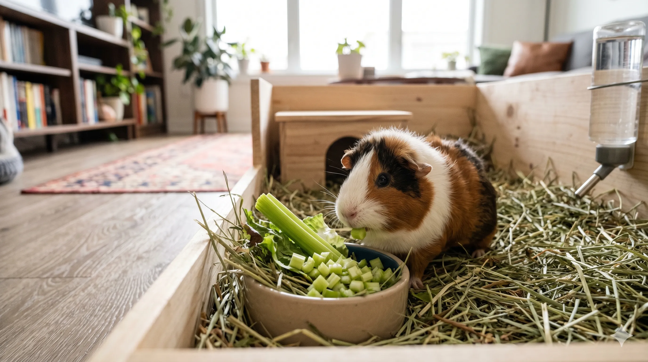 Guinea pig eating chopped celery pieces indoors showing safe vegetable feeding and healthy diet