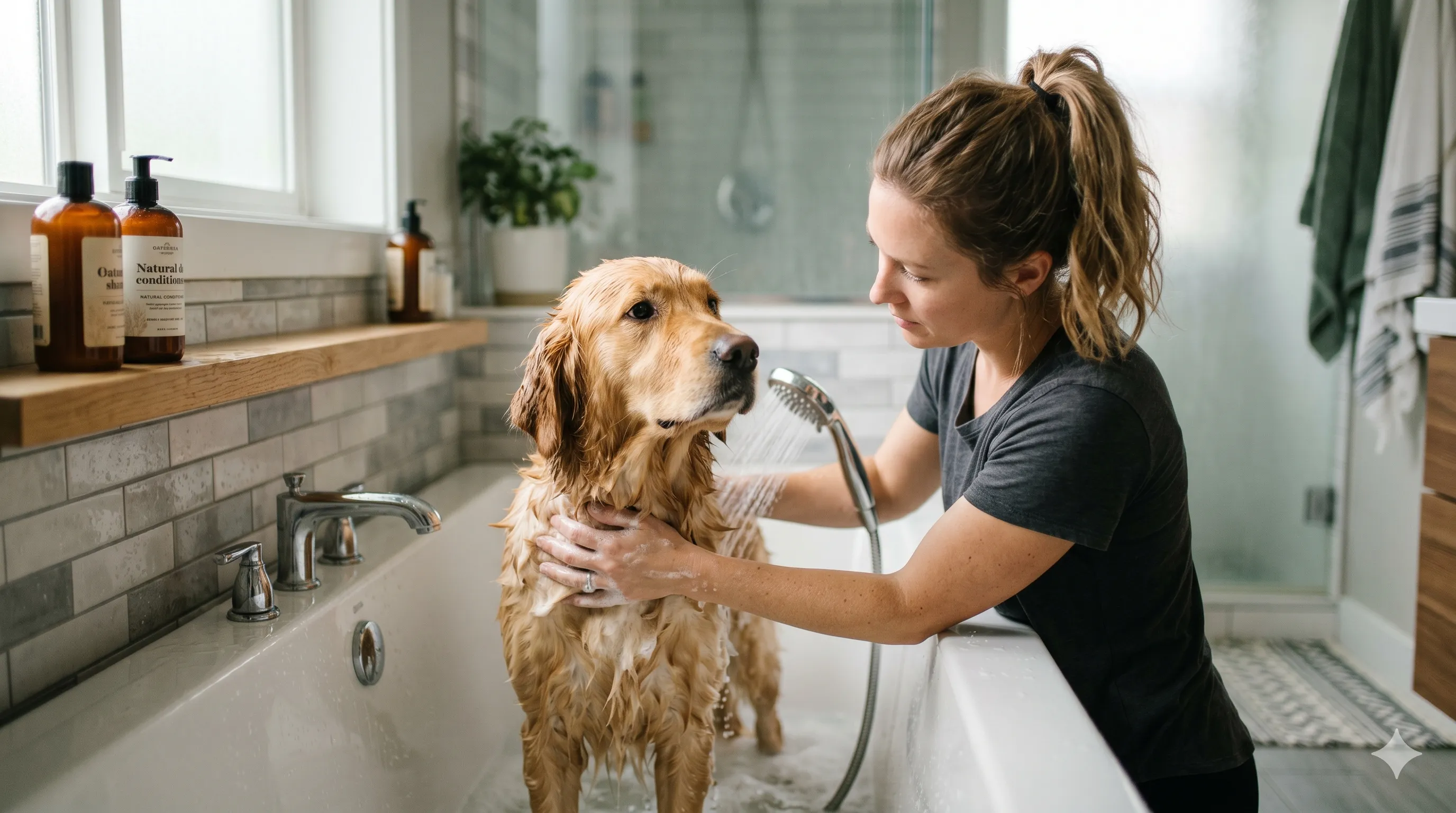 Dog bathing routine at home showing proper grooming for healthy skin and coat