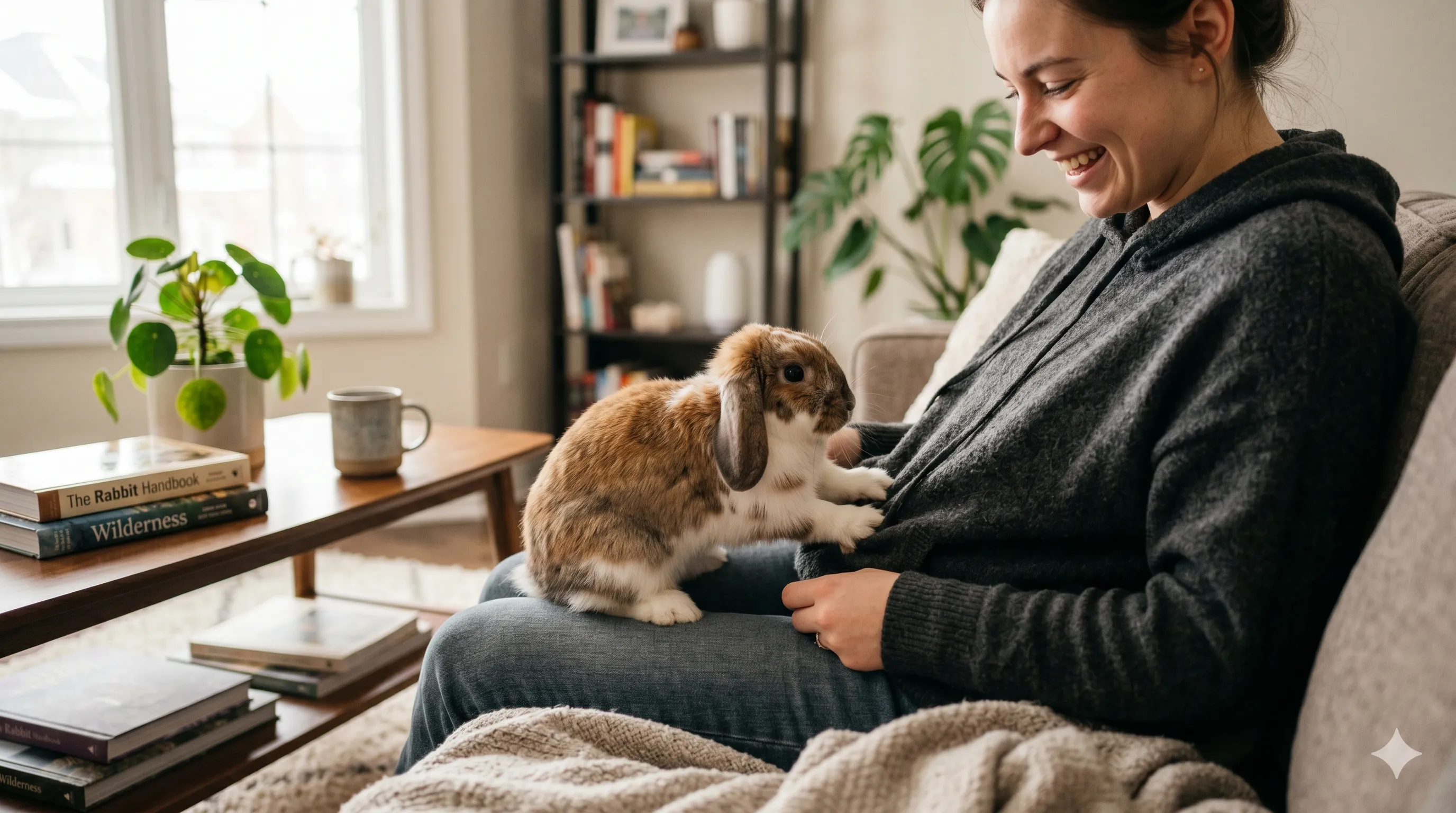 Rabbit digging on owner's lap showing attention-seeking and natural instinct behavior