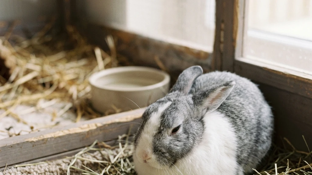 Rabbit sitting hunched in a corner showing signs of GI stasis discomfort