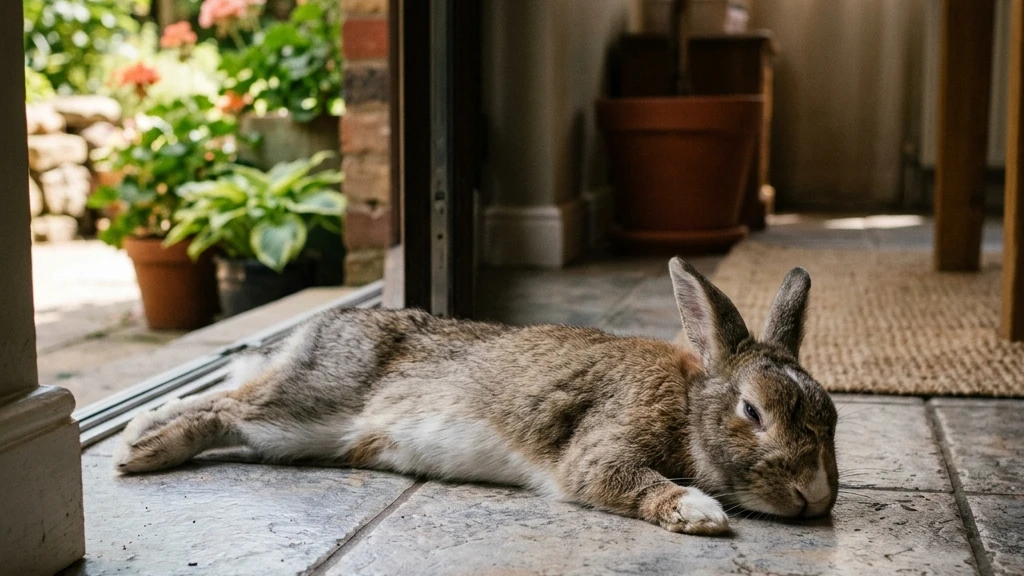 Rabbit lying stretched out in the shade during hot weather