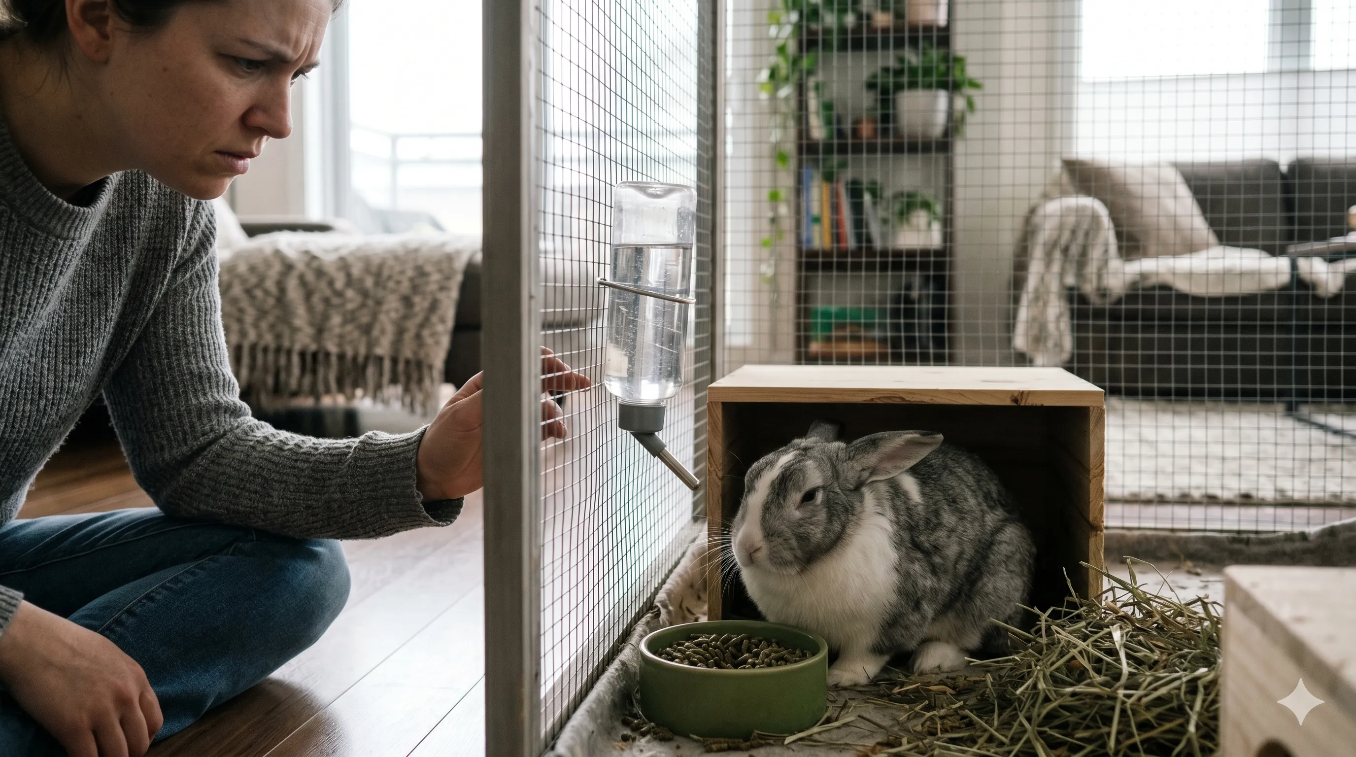 Rabbit ignoring food indoors showing possible illness and emergency health warning signs