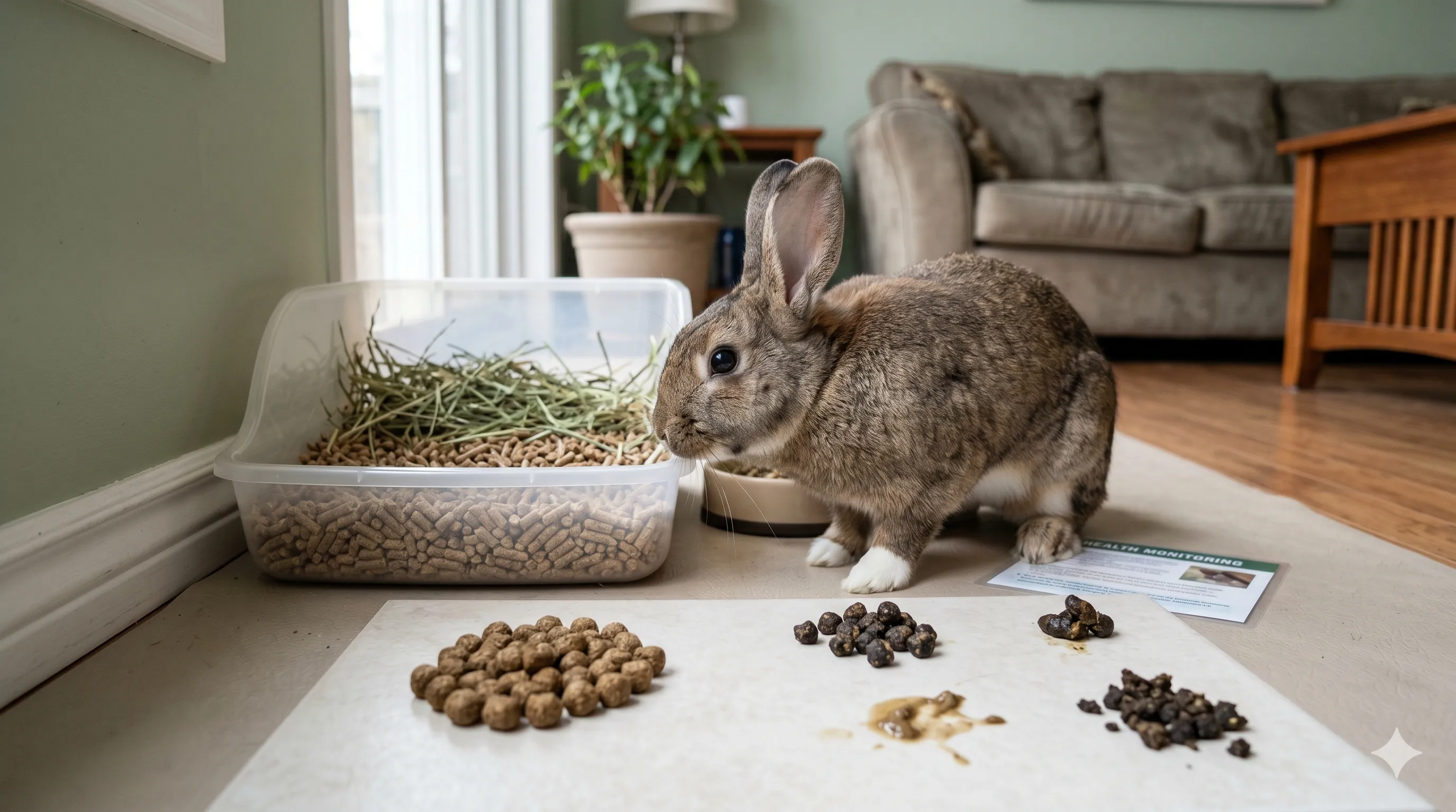 Rabbit near litter area showing healthy and unhealthy poop differences for bunny health monitoring