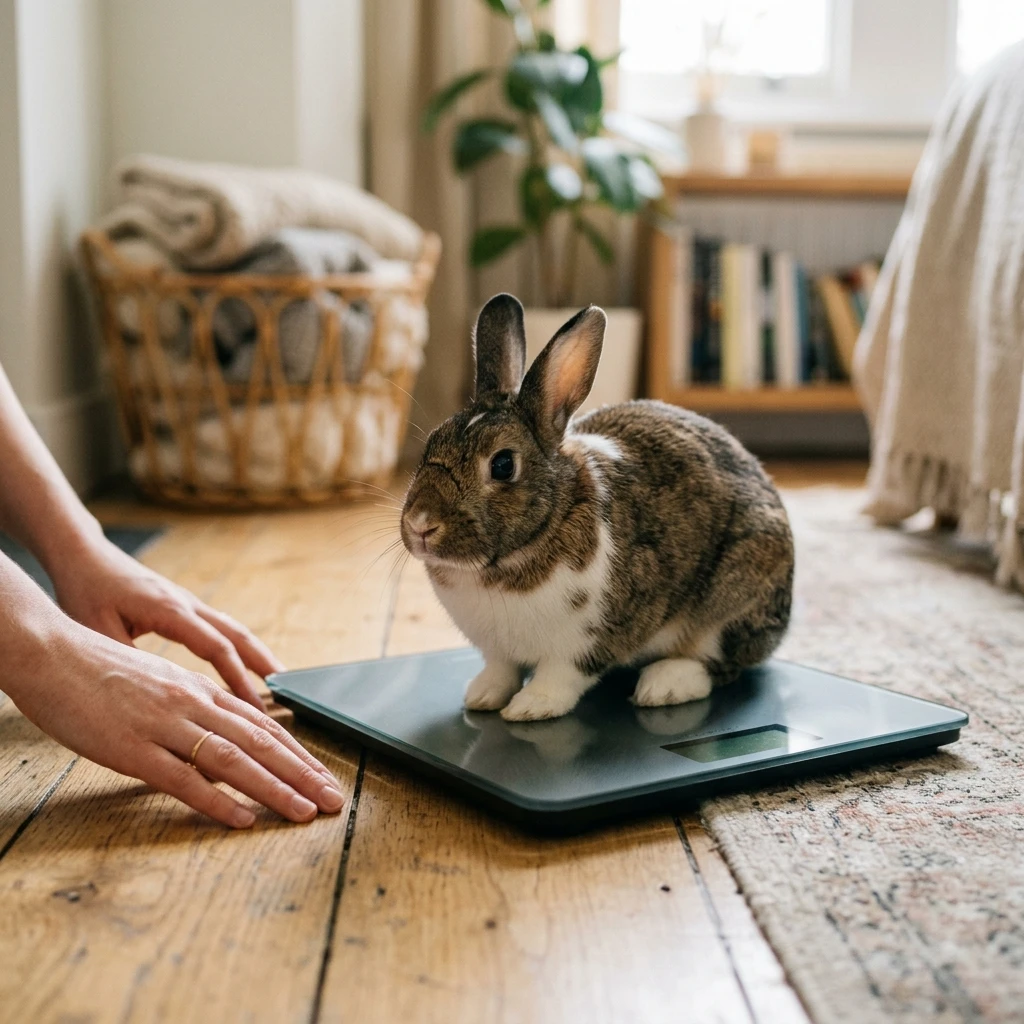 Rabbit being weighed on a scale to track healthy weight by breed and age