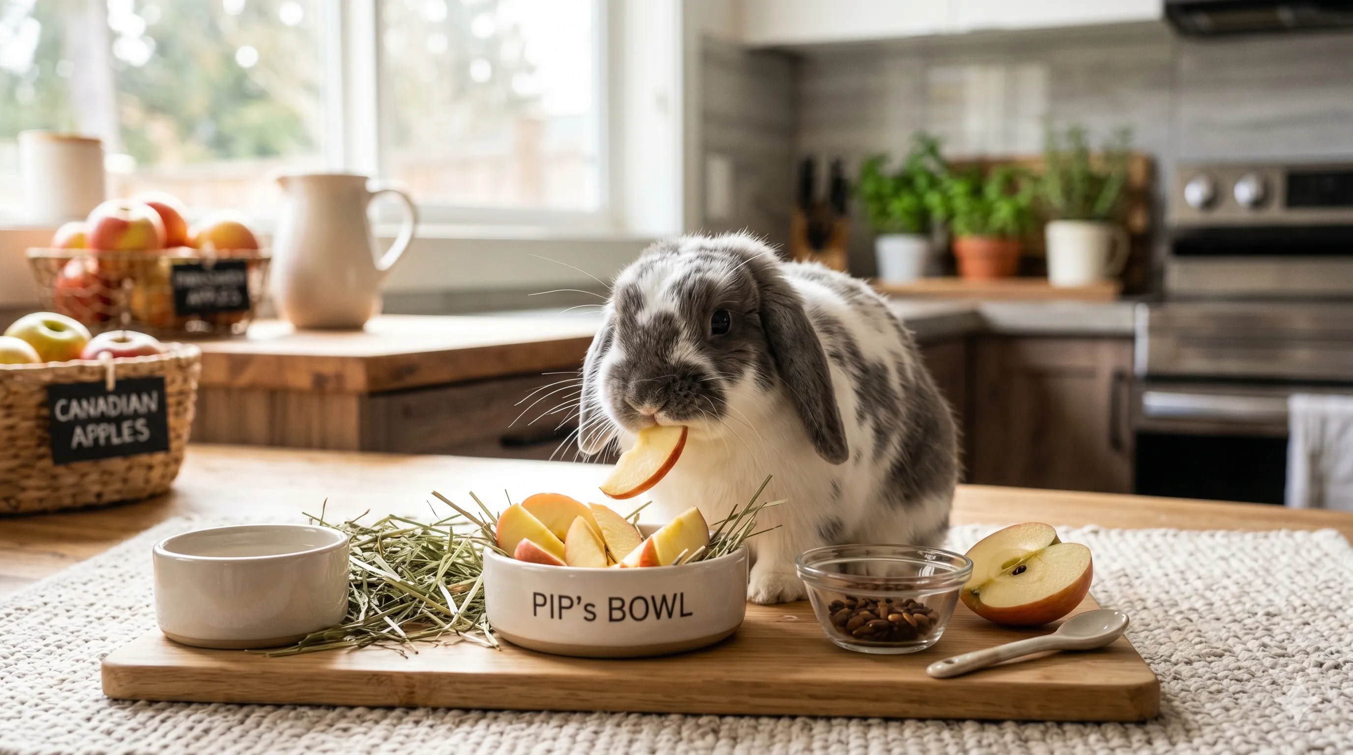 Rabbit eating small apple slices indoors showing safe fruit feeding and healthy diet