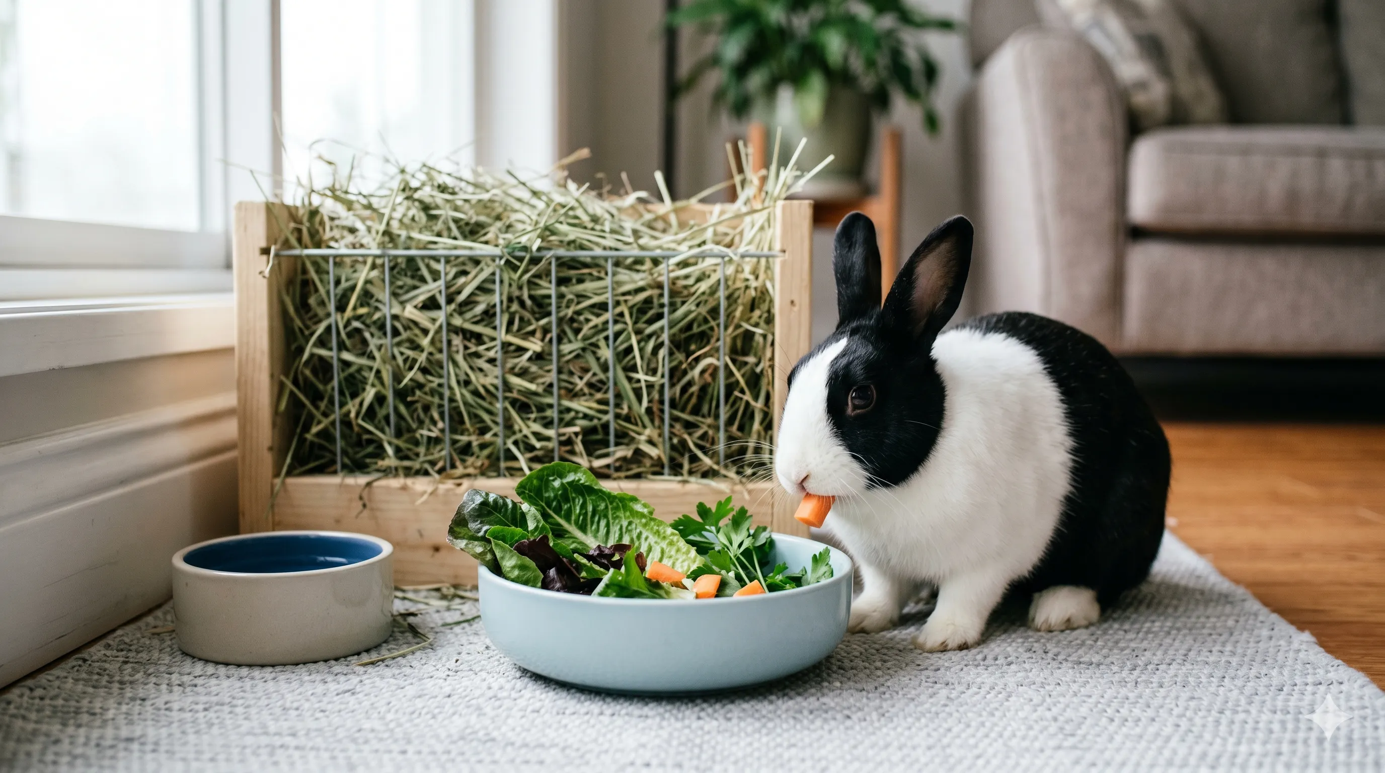 Rabbit eating small carrot pieces indoors showing healthy treat portion and balanced diet