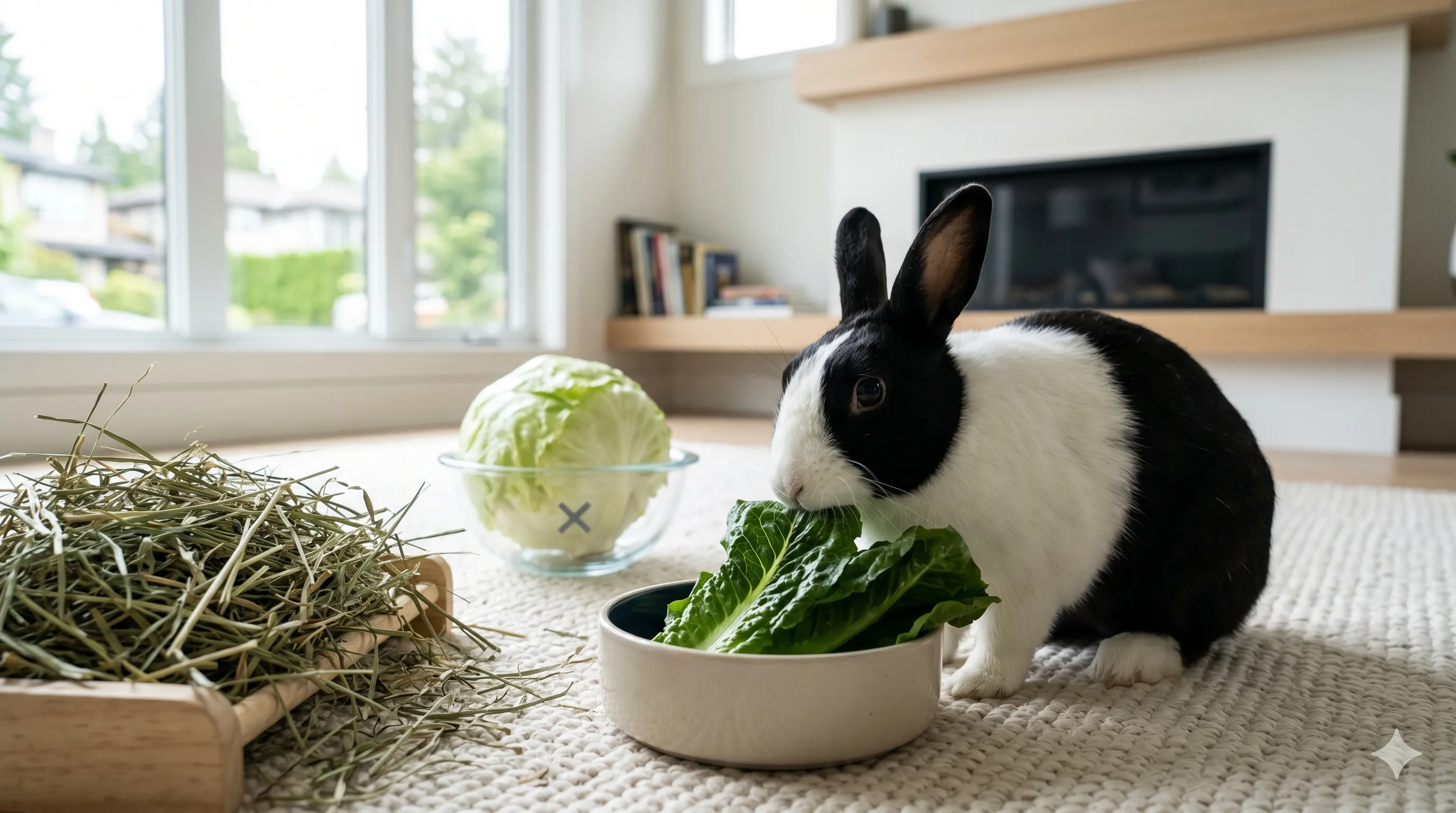 Rabbit eating safe leafy lettuce indoors with healthy balanced feeding setup