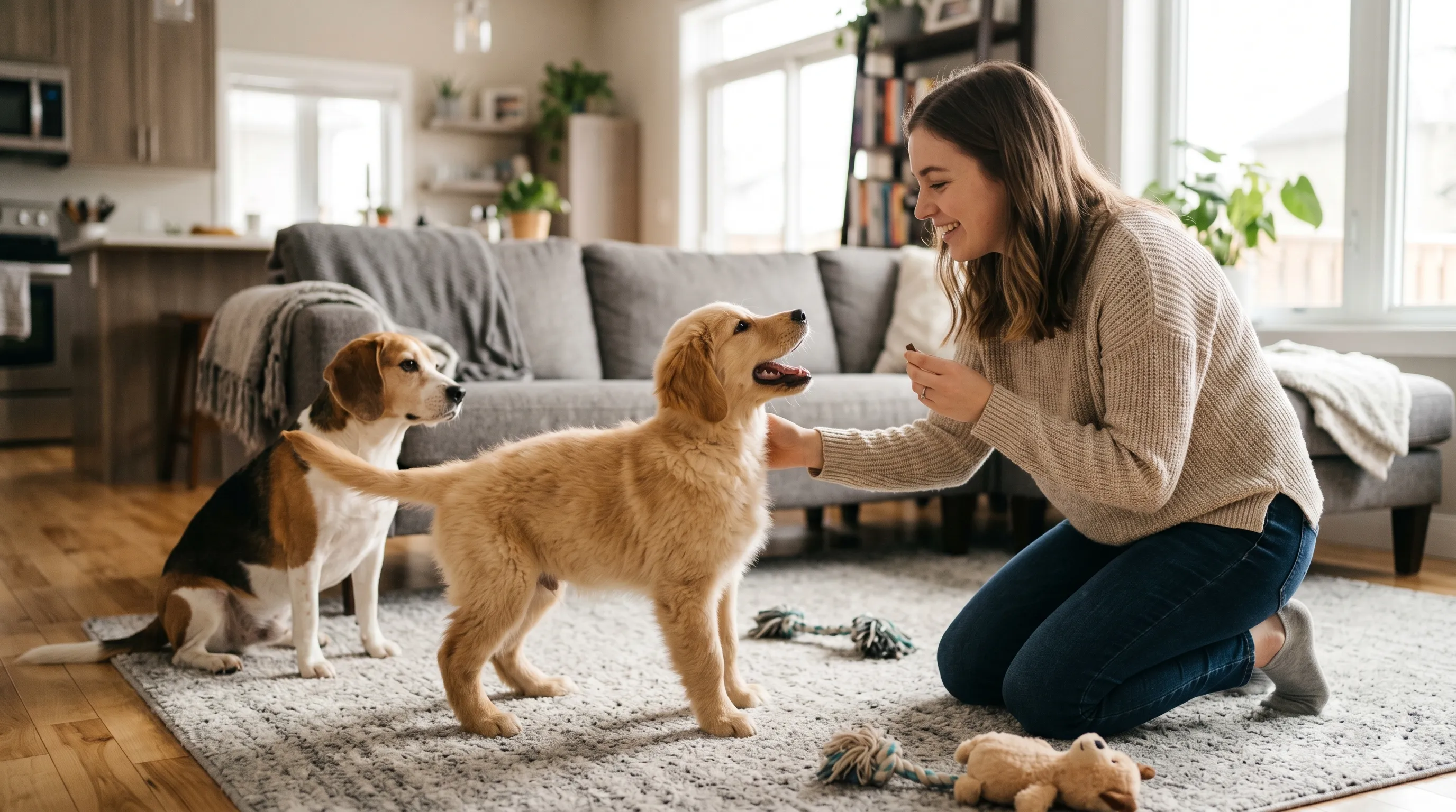 Puppy socializing with people and dogs in a friendly environment