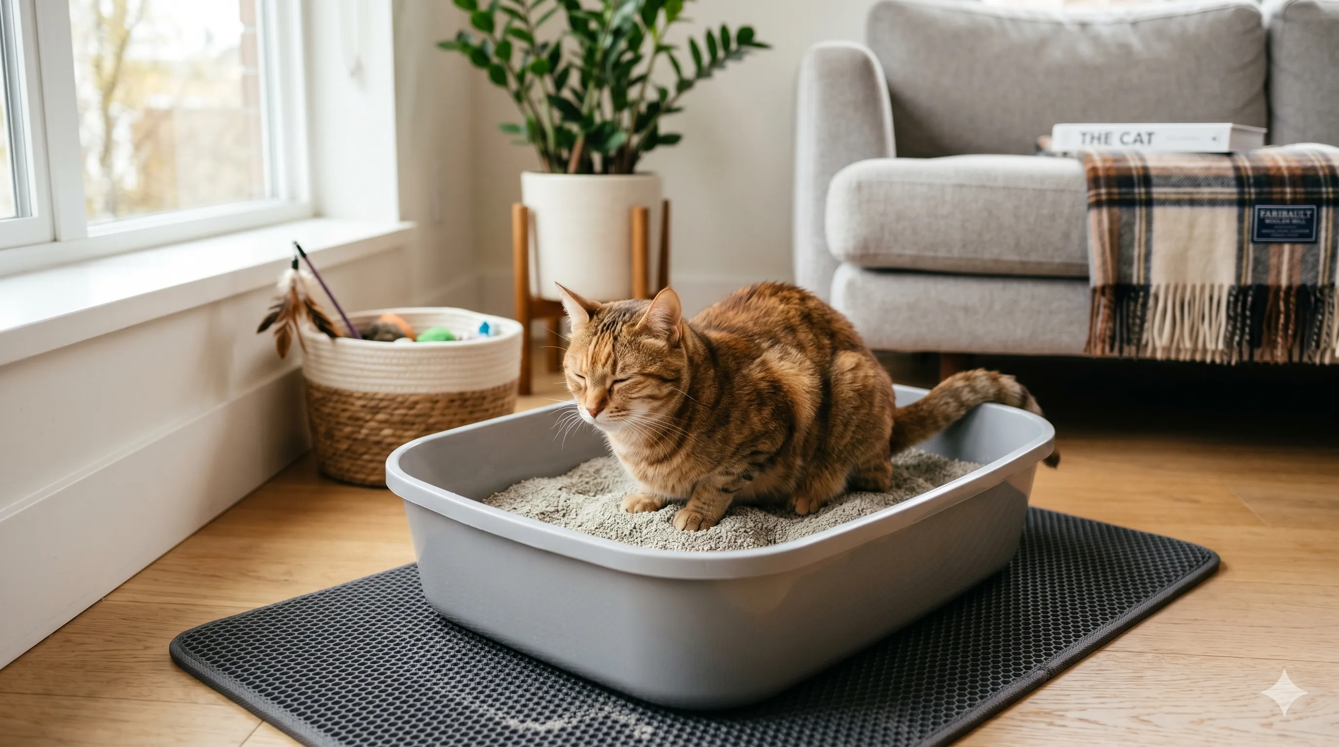 Cat using litter box at home showing proper training and hygiene behavior